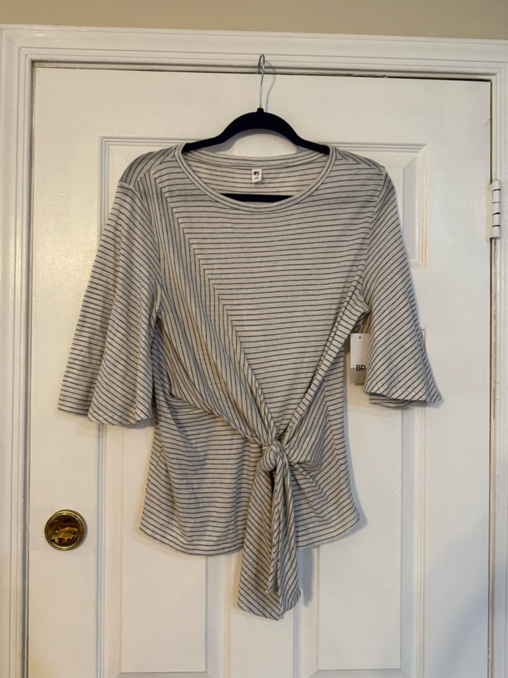 bp Striped Tie-Front Long Sleeve Top in Light Gray and White
